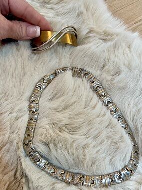 Two-Tone Link Necklace and Cuff Bracelet - Silver & Gold